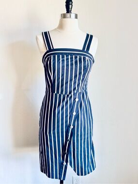 J.O.A. Porto Navy White Pink Vertical-Stripe Asymmetrical Mini Dress